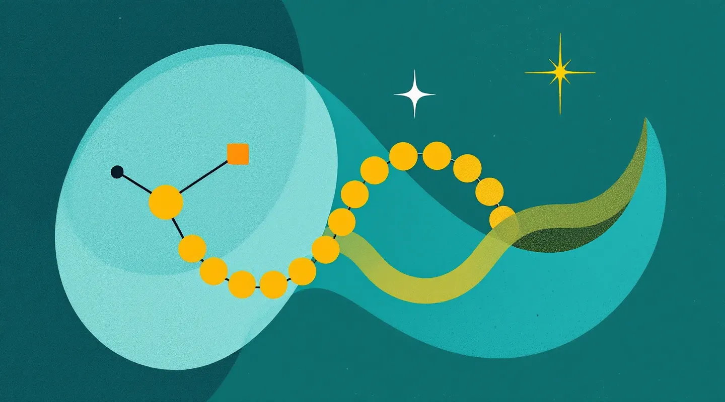 Mid-century flat illustration of three abstract peptide forms in mustard, burnt orange, and olive on deep teal